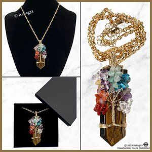 Tiger’s Eye Tree of Life Chakra Pendant Necklace Gemstone 14K Gold Plated